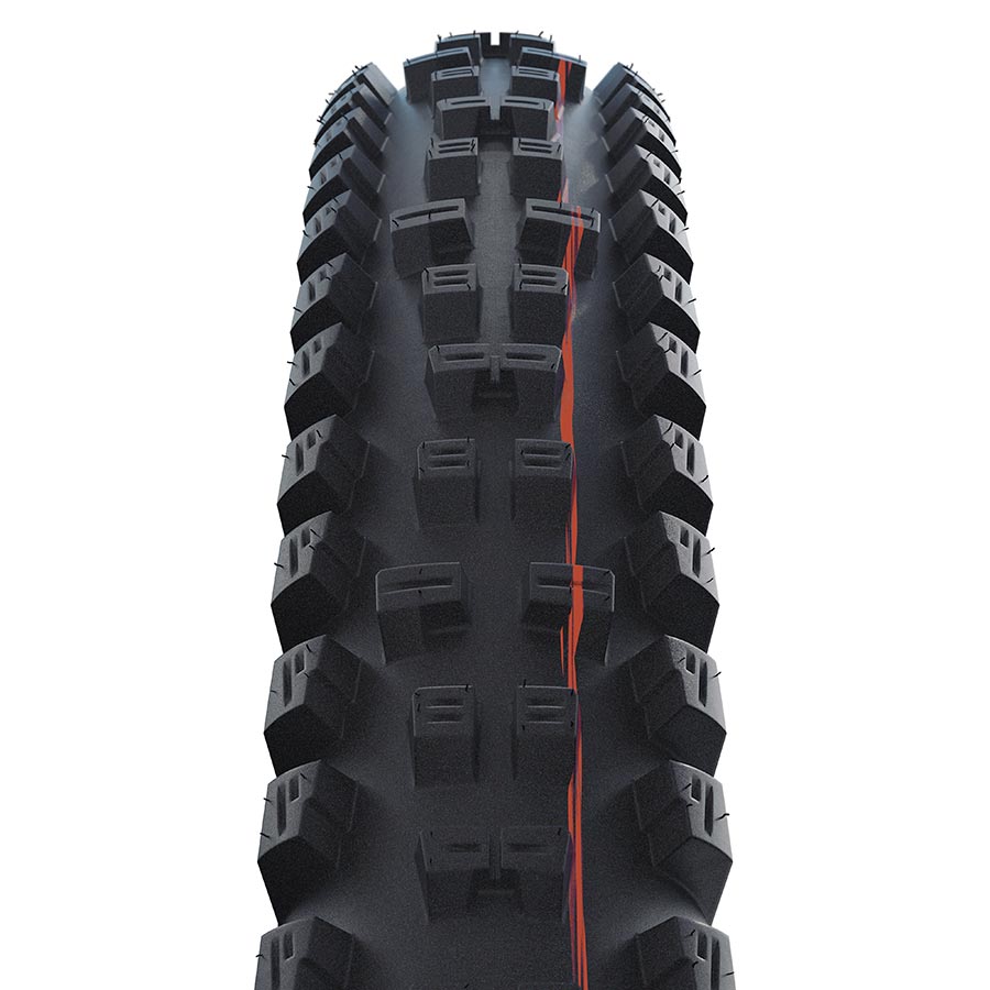 Schwalbe Tacky Chan mountain tire, 27.5x2.40 folding clincher with Addix Ultrasoft rubber, black with detailed tread pattern.