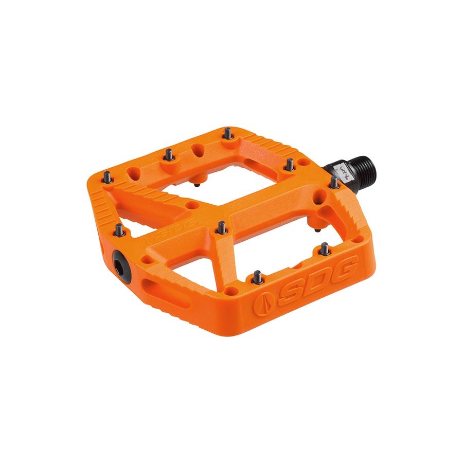 Pair of SDG Components black platform pedals with durable metal construction and textured grip for mountain biking.