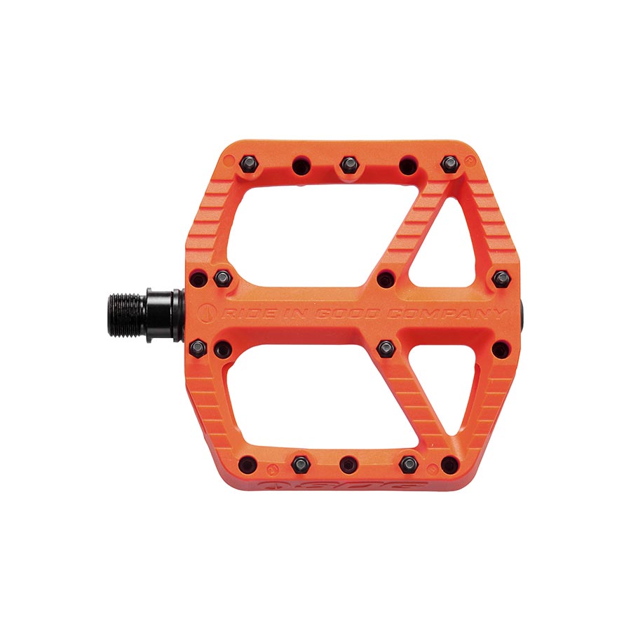 Pair of SDG Components black platform pedals for bikes, featuring durable construction and a grippy surface for secure pedaling.