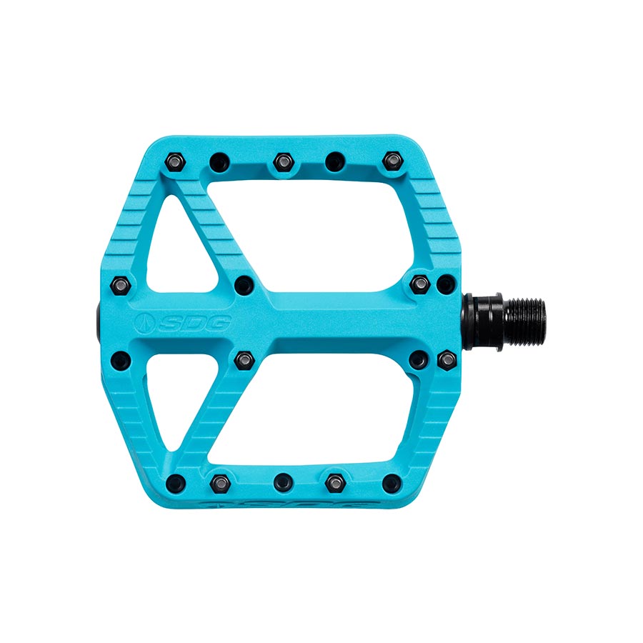 Pair of SDG Components black platform pedals, durable cycling pedals with textured surface for secure grip.