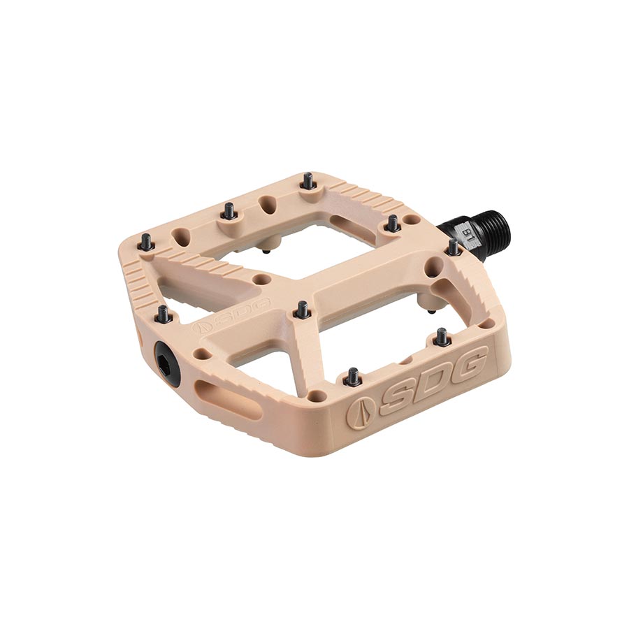 Pair of black SDG Components Comp Pedal platform pedals for bicycles, showing the textured pedal surface and durable design.