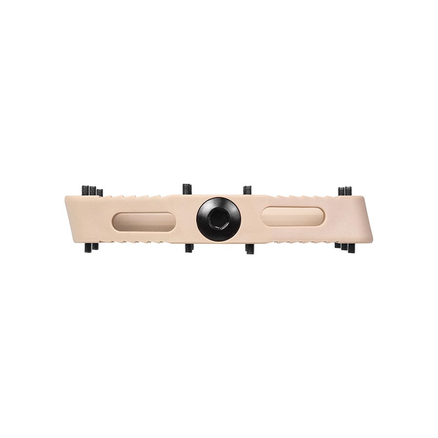Pair of black SDG Components platform pedals with durable metal bodies and textured grip surface for bike riding.