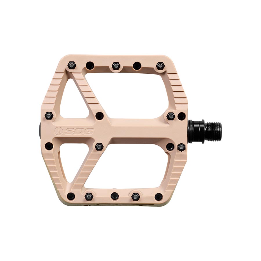 Pair of SDG Components black platform pedals for bikes, featuring durable design and wide foot support.
