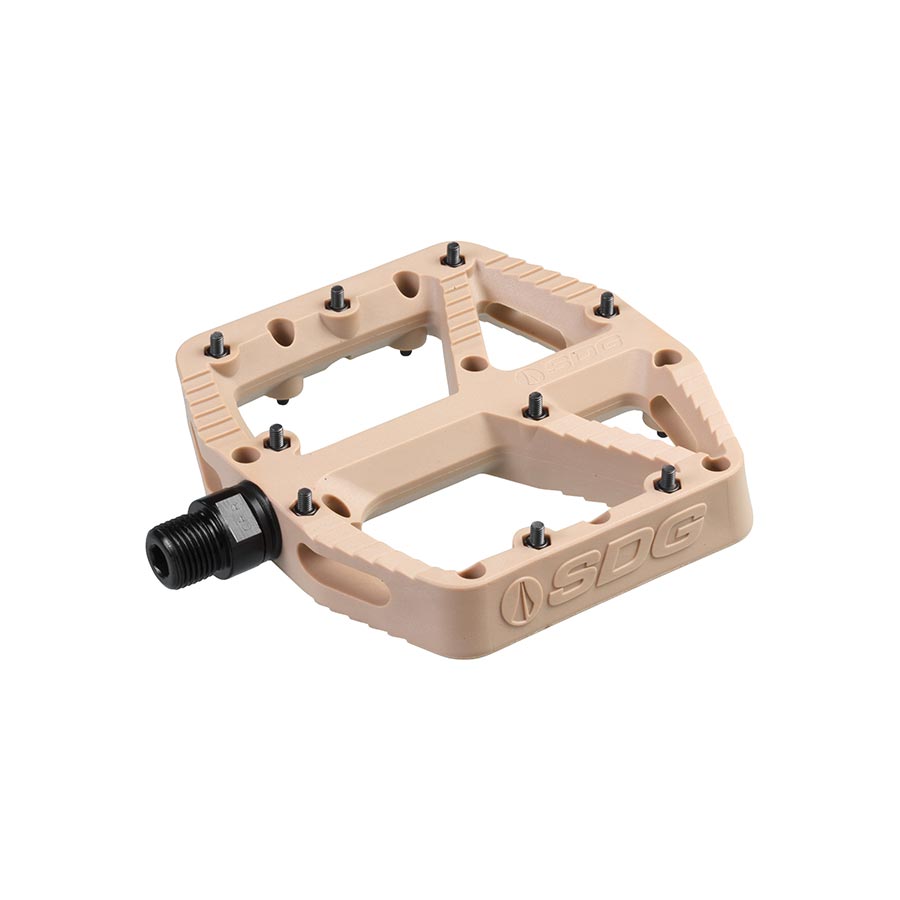 Pair of SDG Components black platform pedals for bikes, featuring durable design and sturdy grip for cycling.