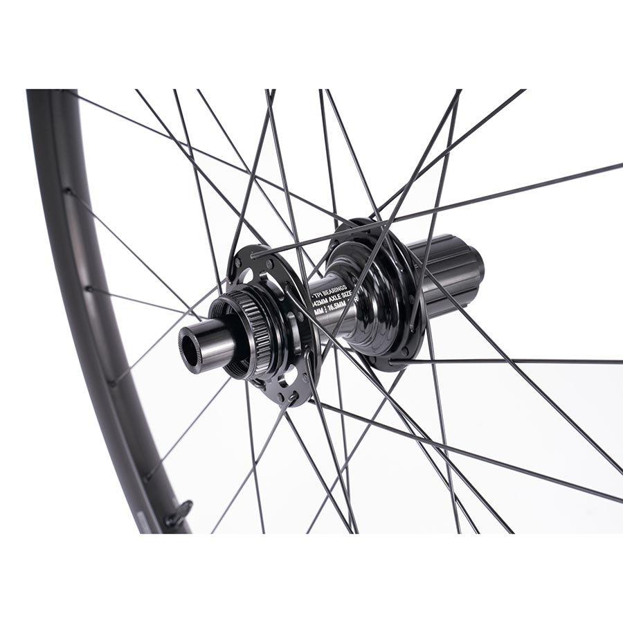 Pair of Seido Sinus 650B wheels with 584 holes, 28mm width, 12mm thru-axle, 100mm center lock disc mount, black finish