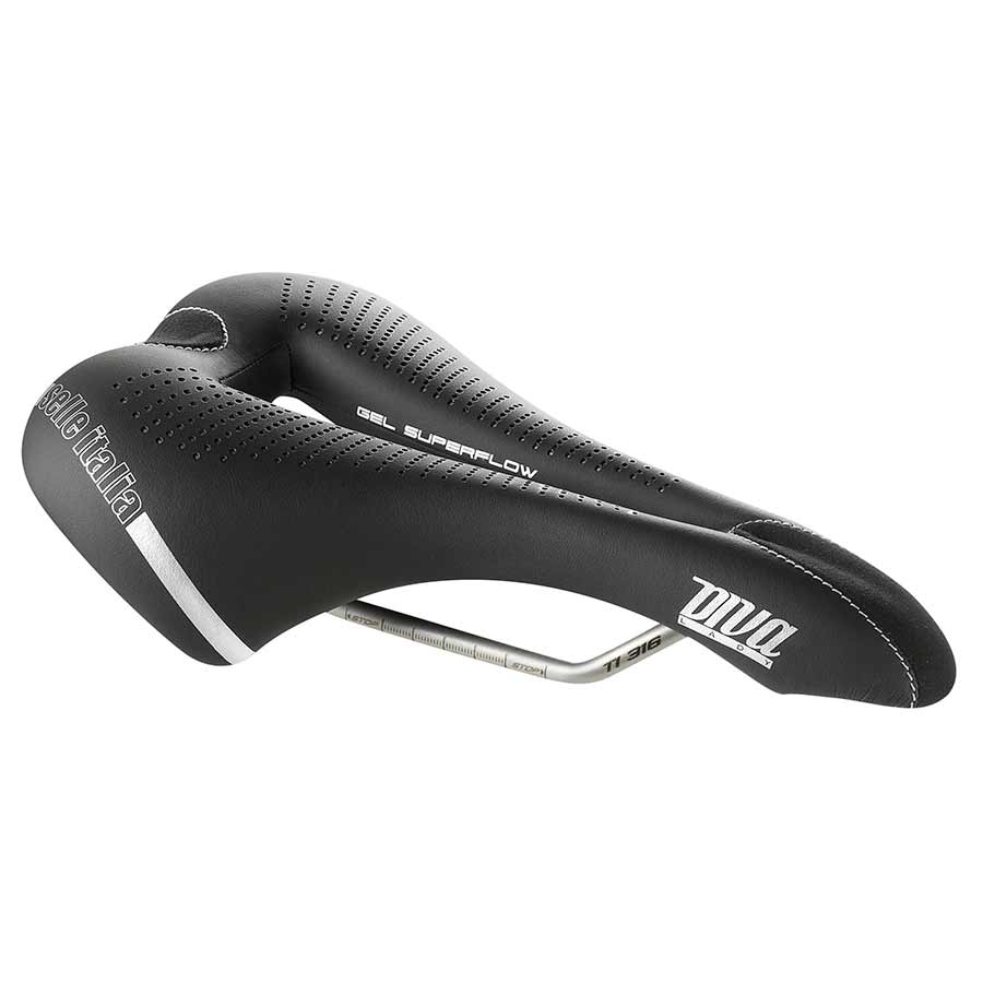 Selle Italia DIVA Gel Superflow road saddle for women, 152mm wide, lightweight design with gel padding, black color.