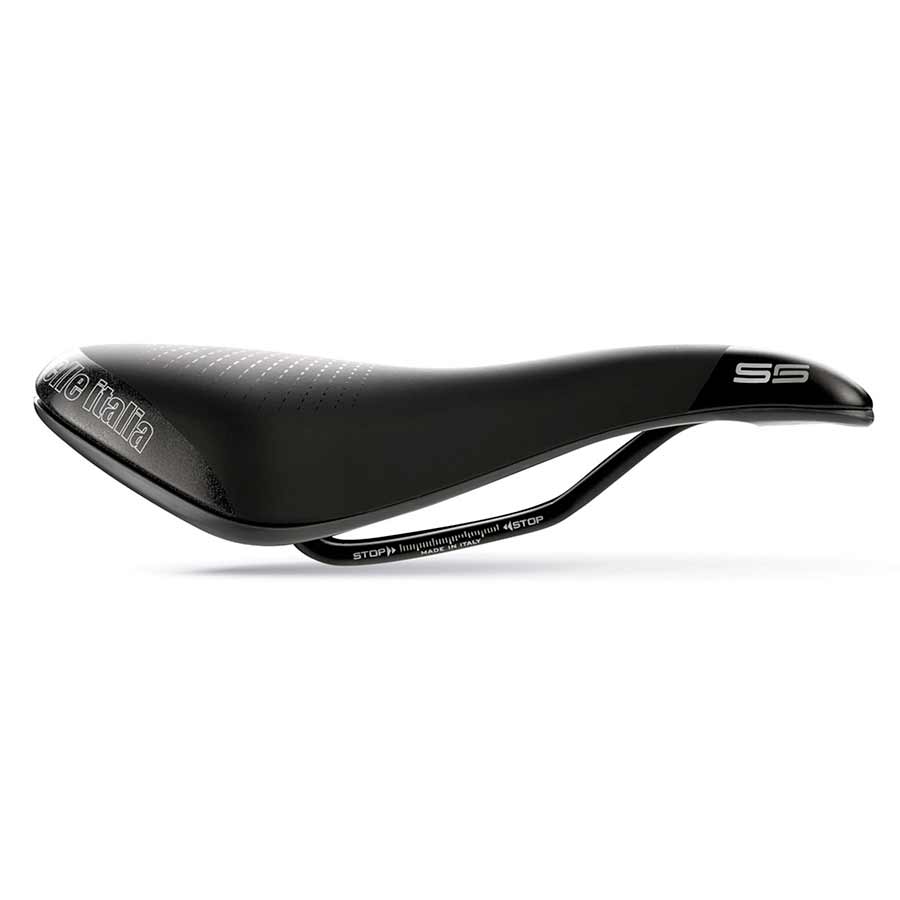 Black Selle Italia S 5 Superflow recreational and commuter saddle with 160mm width, lightweight design, and hi-vis accents.
