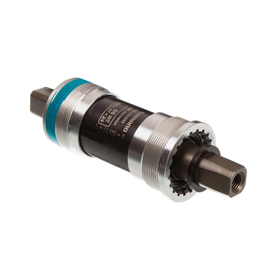 Shimano BB-UN300 square taper bottom bracket in silver for bike cranksets, 68mm shell width, 107mm spindle length.