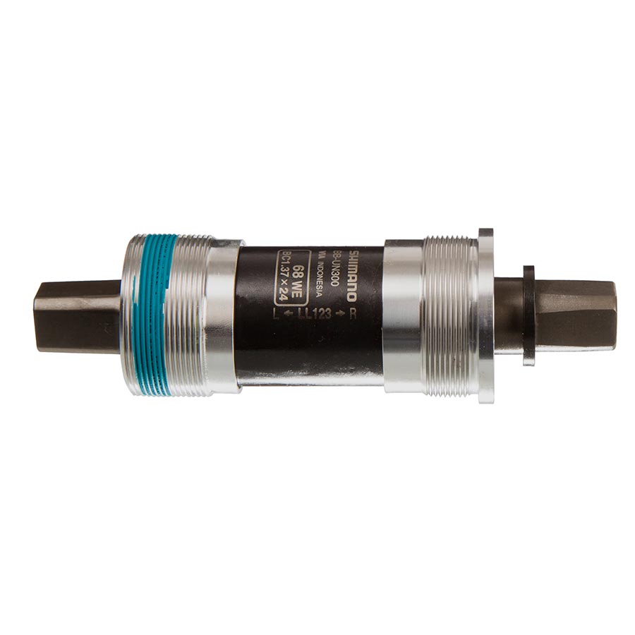 Shimano BB-UN300 square taper bottom bracket in silver, compatible with 68mm and 107mm shell widths, for bike cranks.