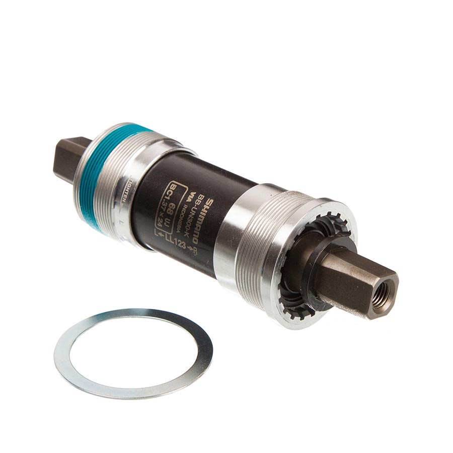 Shimano BB-UN300 square taper bottom bracket in silver, compatible with 68mm and 107mm spindle lengths, for bicycle drivetrain.
