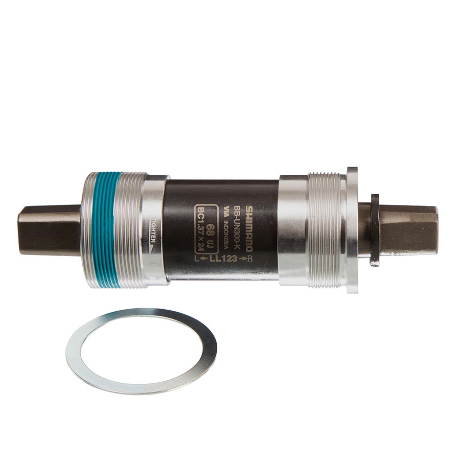 Shimano BB-UN300 square taper bottom bracket in silver, with 68mm spindle width and 107mm spindle length, for bike cranksets.