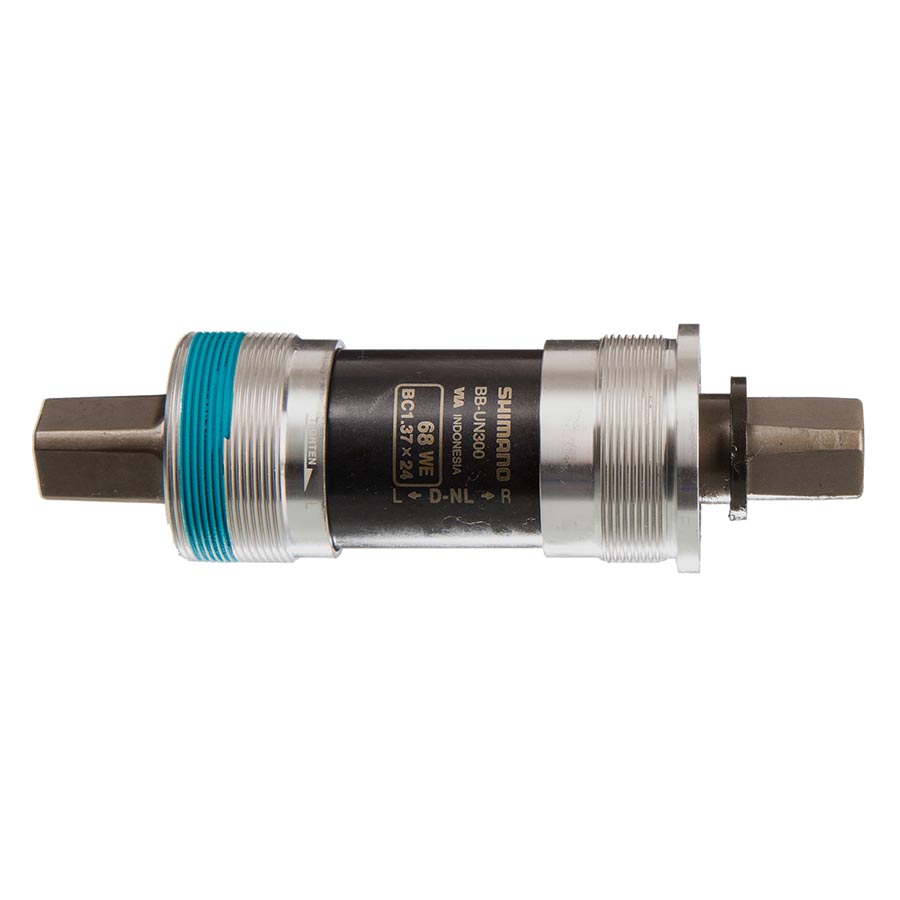 Shimano BB-UN300 square taper bottom bracket in silver, showing the external view with 68mm and 107mm spindle options.