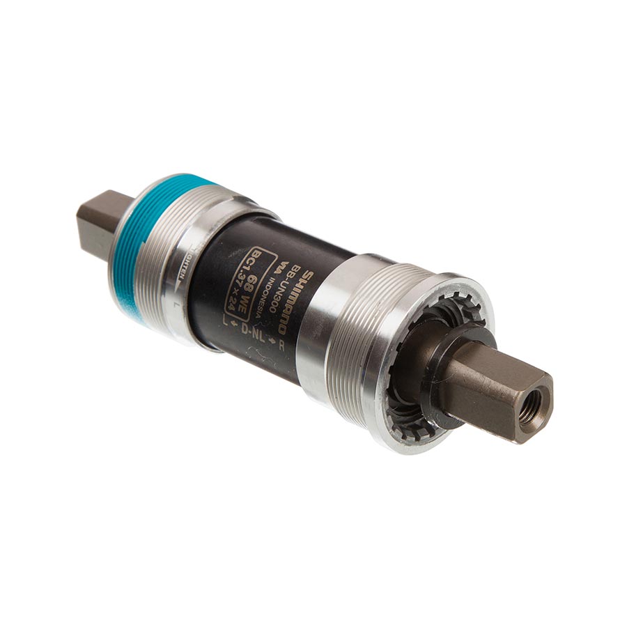 Shimano BB-UN300 Square Taper bottom bracket in silver for bicycle cranksets, 68mm shell width, 107mm spindle length.