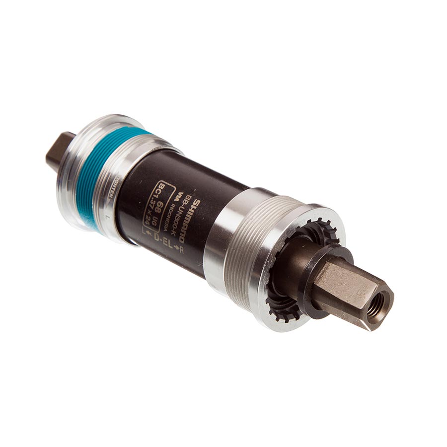 Shimano BB-UN300 square taper bottom bracket in silver, designed for British threads, 68mm width, suitable for bicycle cranksets.