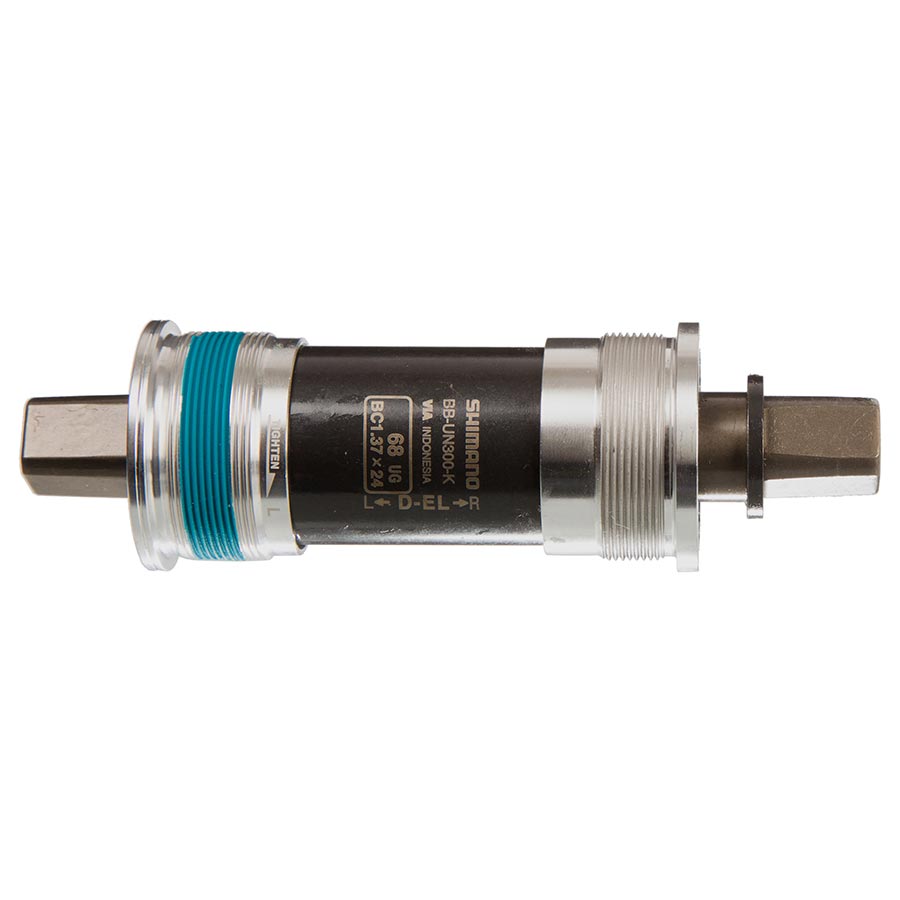 Shimano BB-UN300 Square Taper Bottom Bracket in silver for bike cranksets, 68mm shell width, 107mm spindle length.
