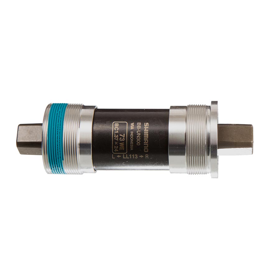 Shimano BB-UN300 square taper bottom bracket in silver with 68mm shell width and 107mm spindle length, compatible with bikes.