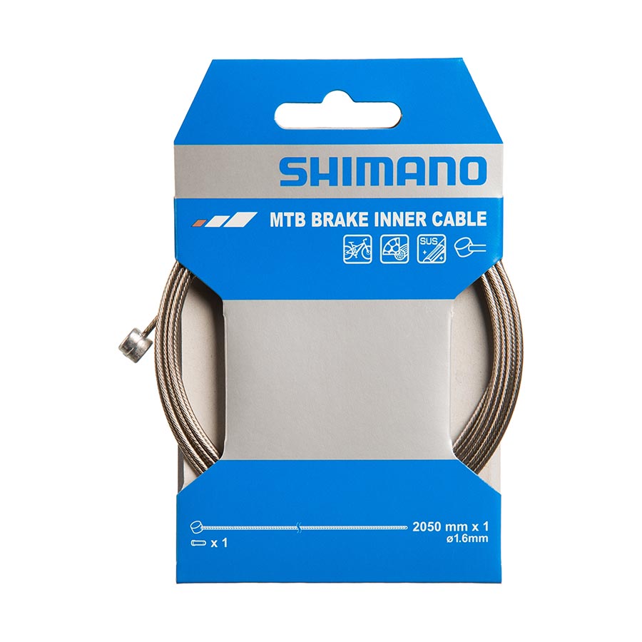 Shimano brake cables, stainless steel, for road bikes, 1.6mm diameter, 2050mm length, with cable ends for easy installation.