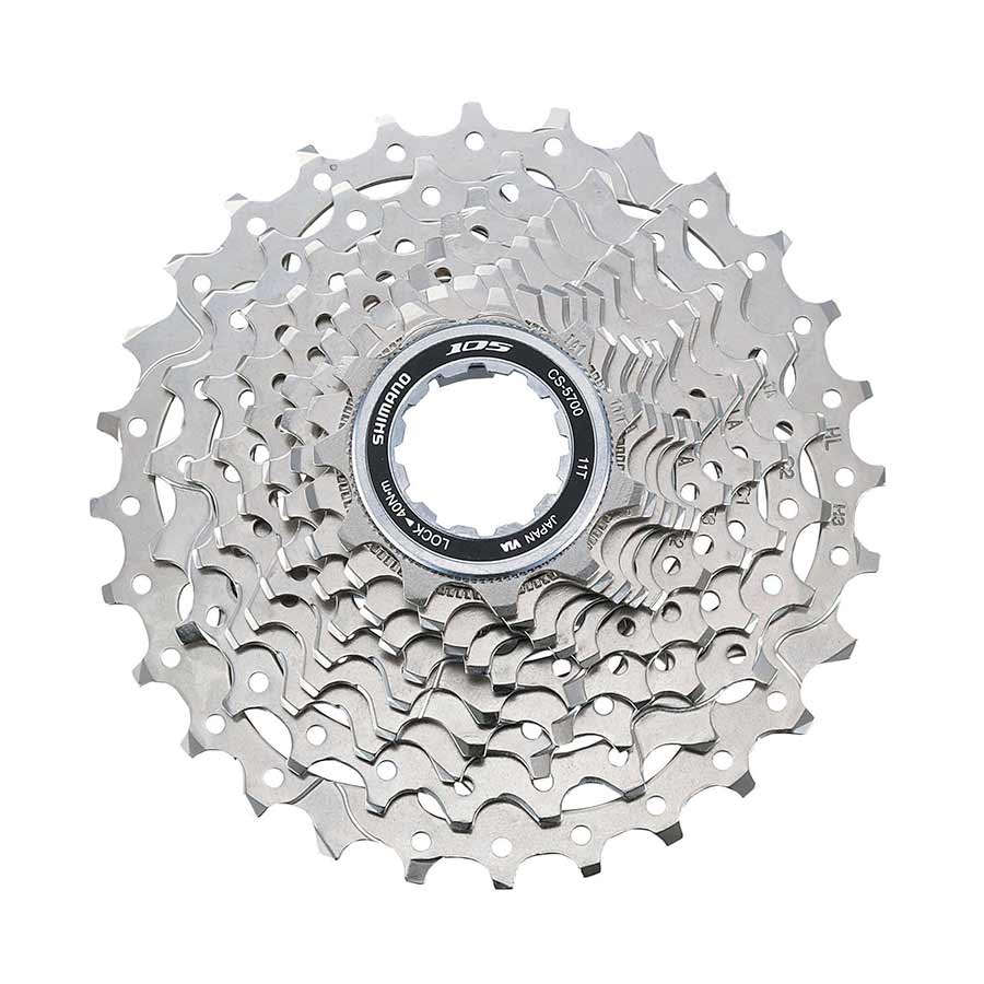 Shimano 105 CS-5700 bike cassette with 11-25T gear range, showing individual sprockets in a close-up image.