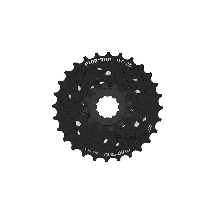 Shimano CS-HG210-7 cassette with 12-28T gear range, featuring 7-speed cassettes for mountain or road bikes.