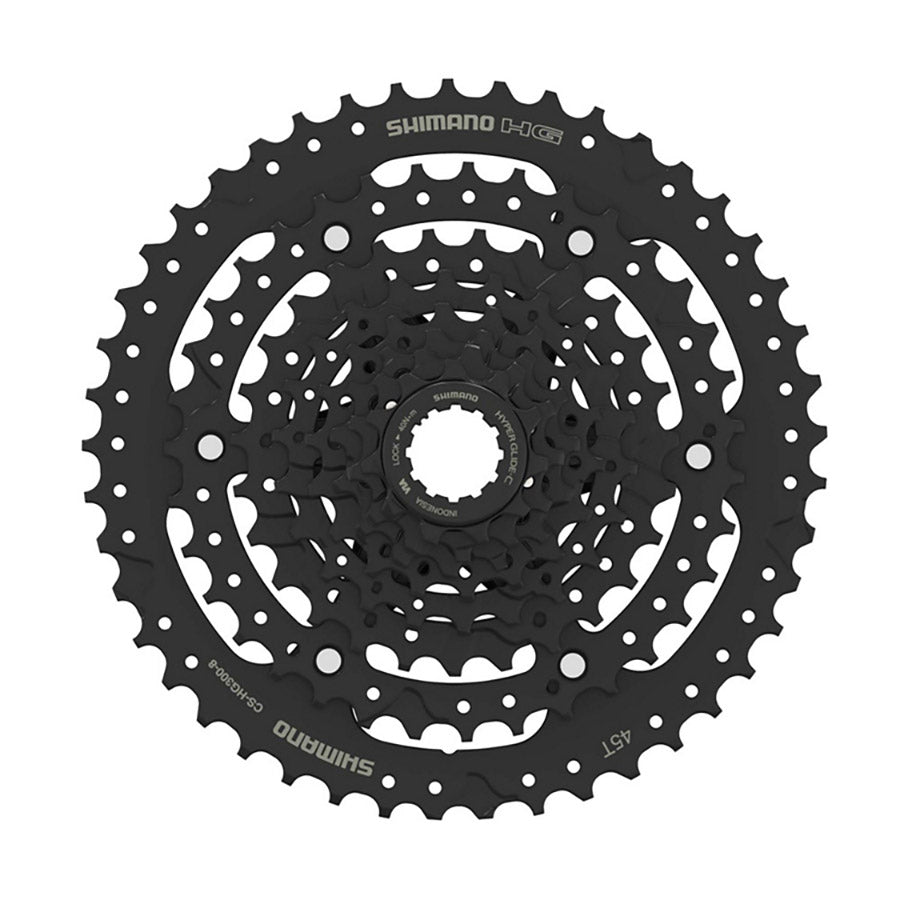 Shimano CS-HG300-8 cassette with phosphate coating, 8-speed, 11-45 teeth, bike drivetrain part, close-up of cassette gears