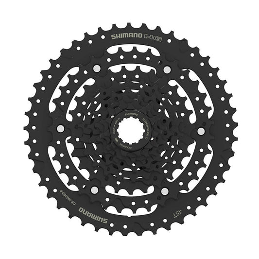 Shimano CS-HG300-8 cassette with phosphate coating, 8-speed, 11-45 teeth, bike drivetrain part, close-up of cassette gears