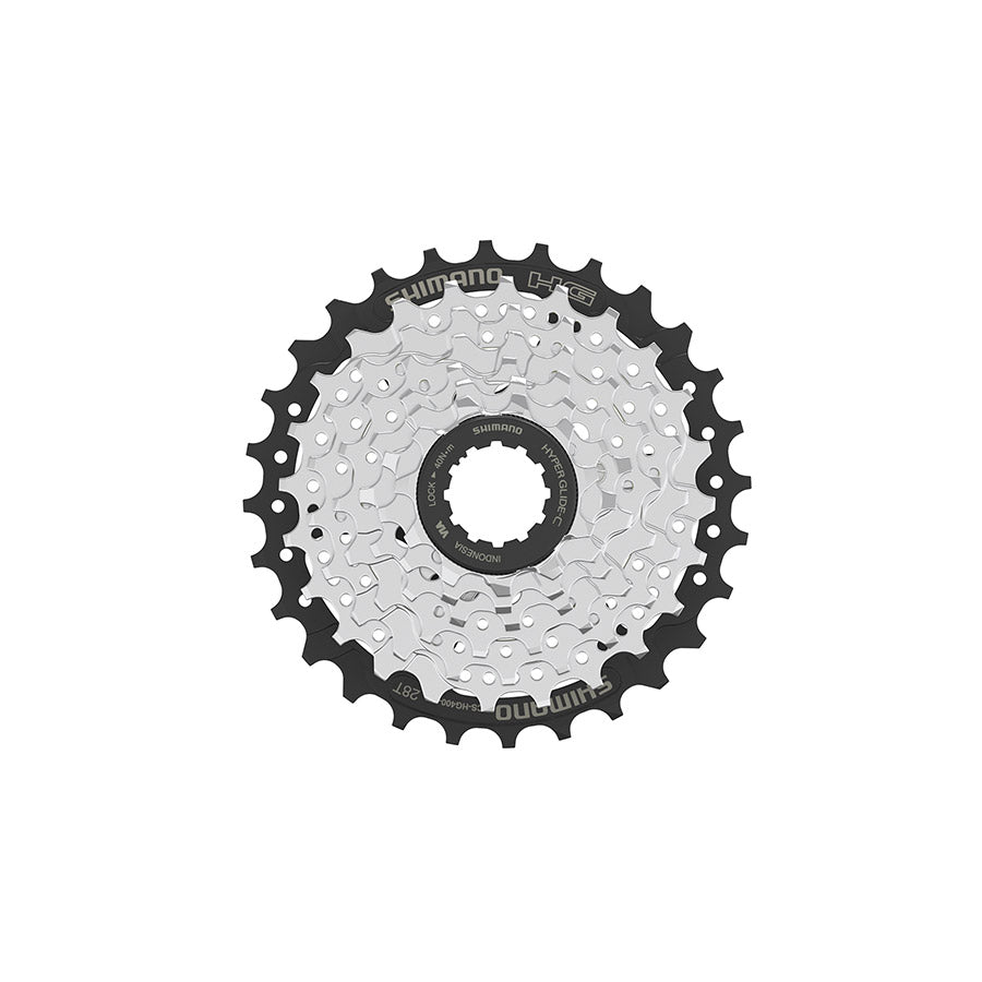 Shimano CS-HG400-7 cassette with phosphate coating, 7-speed, 11-28T gear range, designed for mountain and road bikes