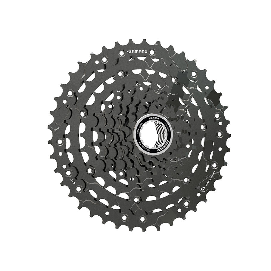 Shimano CS-LG400-9 cassette with 11-36T gears, silver metal bike cassette, shown installed on a bike drivetrain.