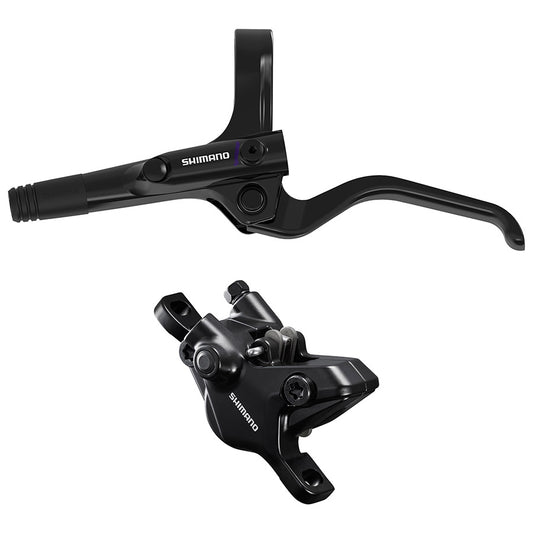 Shimano CUES BL-UR405 and BR-MT410 MTB hydraulic disc brakes with front post mount, black finish, compatible with 140-203mm rotors.