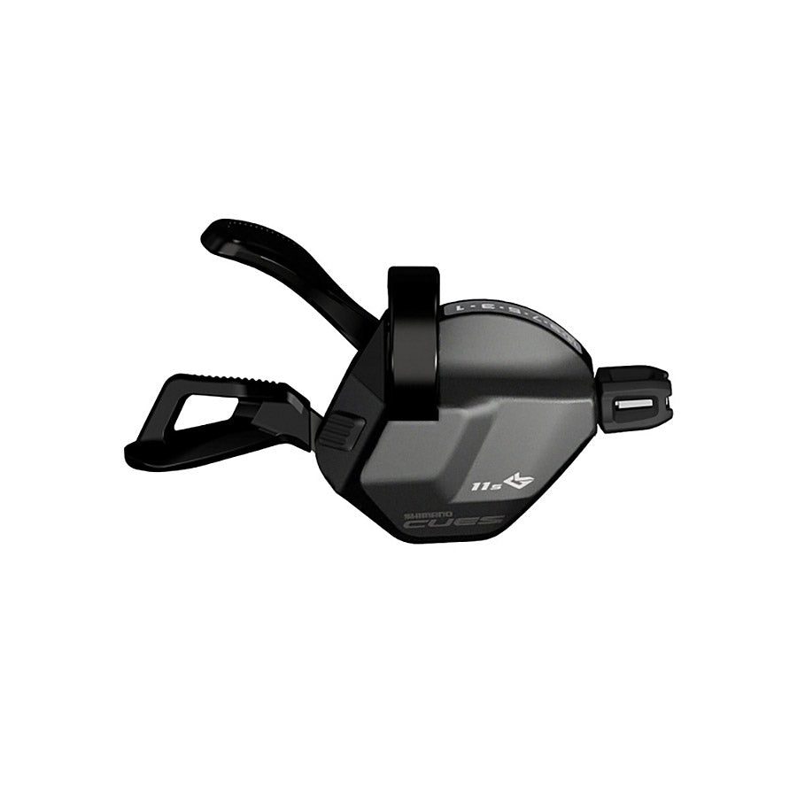 Shimano CUES SL-U8000 MTB trigger shifters with 11-speed I-spec II black design, mounted on mountain bike handlebars