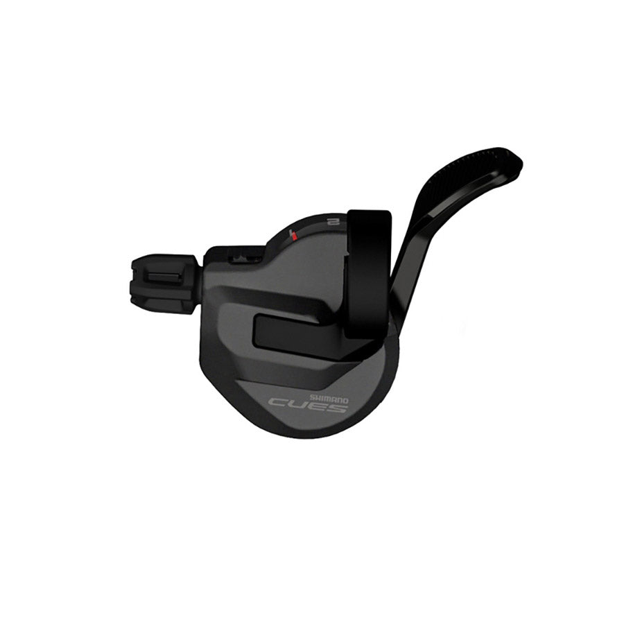 Shimano CUES SL-U8000 MTB trigger shifters with 11-speed I-spec II design in black, mounted on mountain bike handlebars.