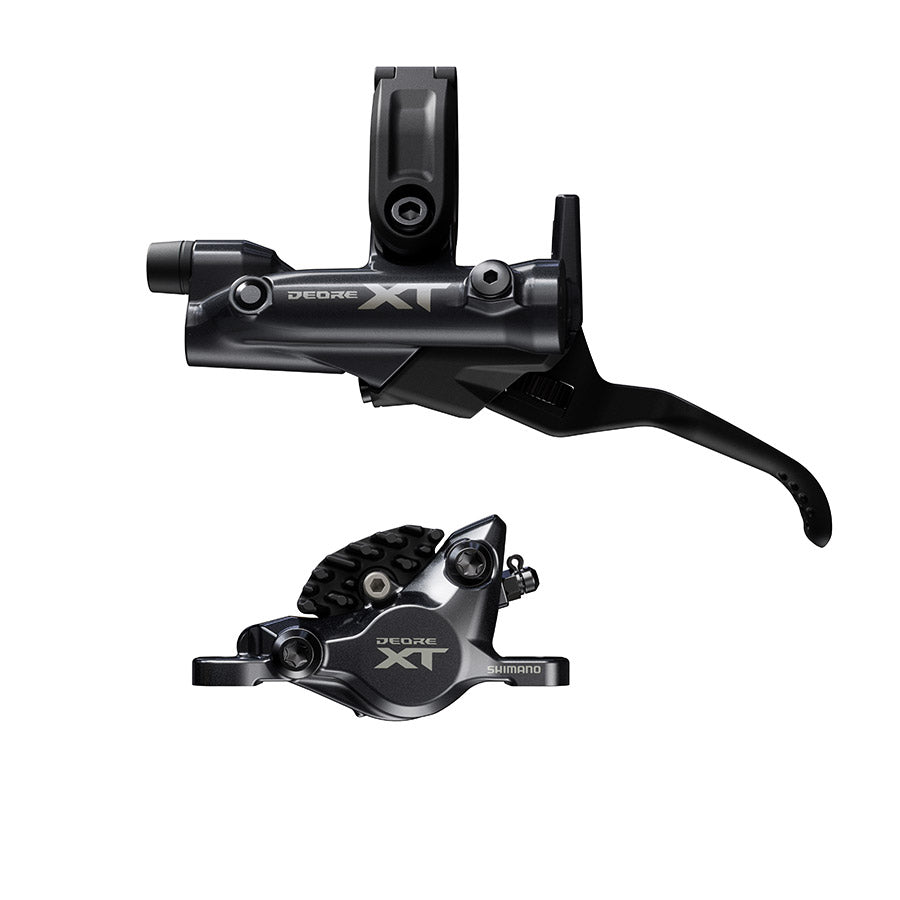 Shimano Deore XT BL-M8200 hydraulic disc brake lever and BR-M8200 caliper for MTB, black finish, left side.