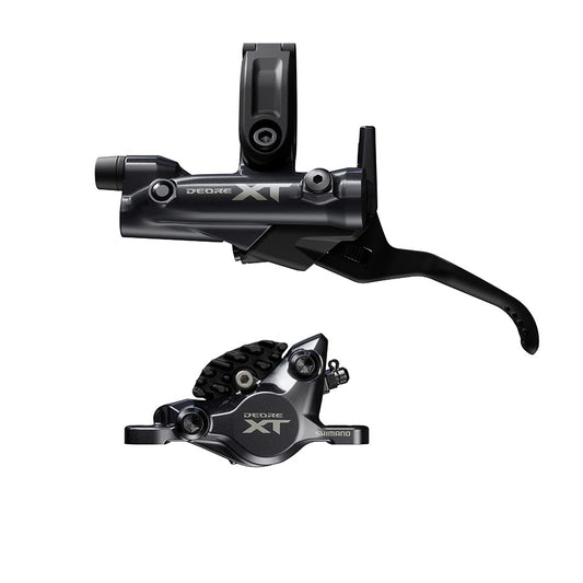 Shimano Deore XT BL-M8200 hydraulic disc brake lever and BR-M8200 caliper for MTB, black finish, left side.