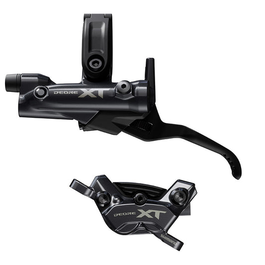 Shimano Deore XT MTB hydraulic disc brake set with left black brake lever and caliper, model BL-M8200 / BR-M8220.