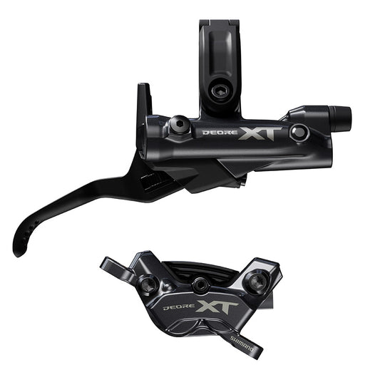 Shimano Deore XT MTB hydraulic disc brake set, left black brake lever and caliper for mountain biking.