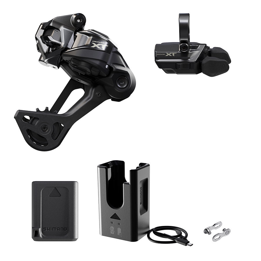 Shimano Deore XT Di2 RD-M8250 MTB rear derailleur kit with black clamp band, designed for mountain biking.