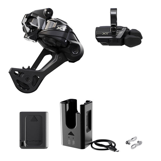 Shimano Deore XT Di2 RD-M8250 MTB rear derailleur kit with black clamp band, designed for mountain biking.