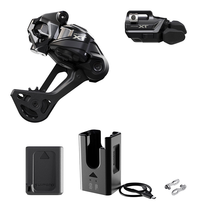Shimano Deore XT Di2 RD-M8250 MTB rear derailleur kit with black SGS clamp band for smooth gear shifting on mountain bikes.