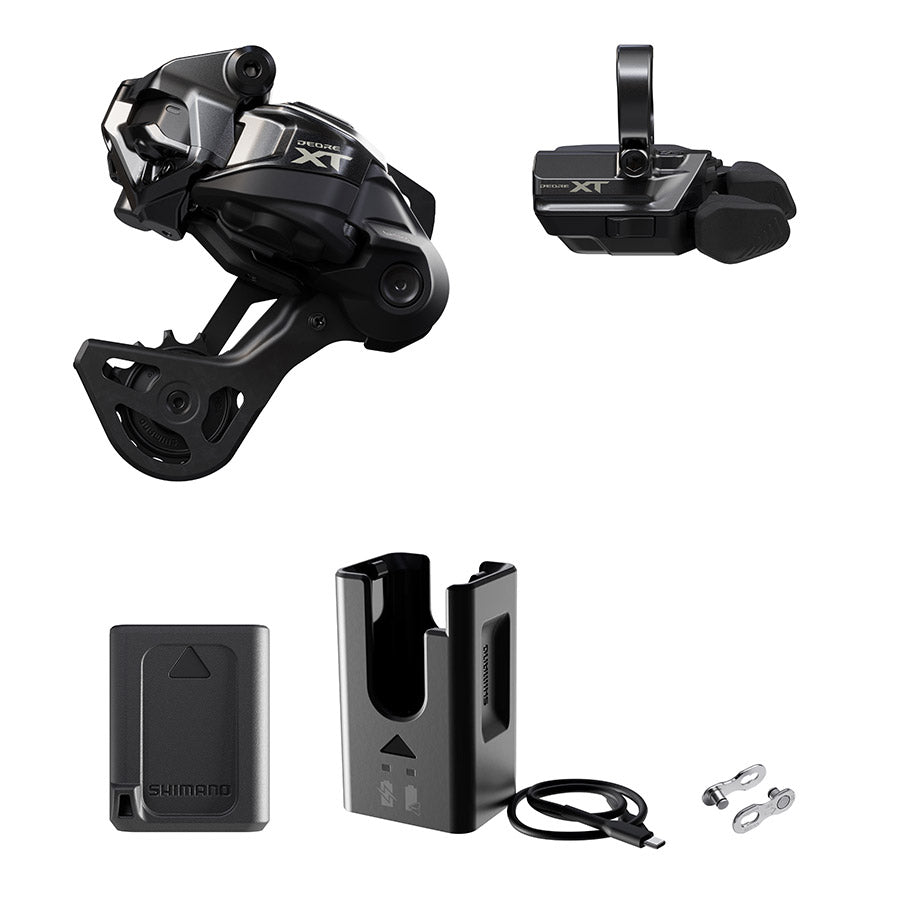 Shimano Deore XT Di2 RD-M8250 MTB rear derailleur kit with black clamp band, Shimano branding, and sleek design for mountain biking.