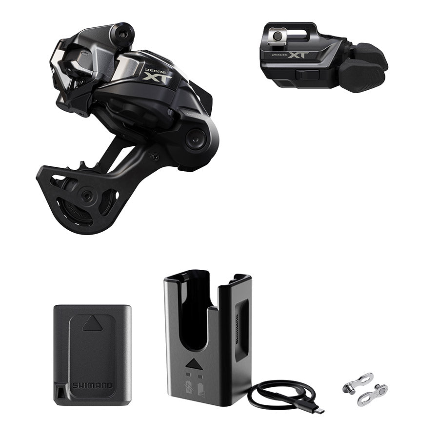 Shimano Deore XT Di2 RD-M8250 MTB rear derailleur kit with black clamp band, for smooth gear shifting on mountain bikes.
