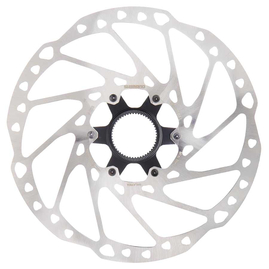 Shimano Deore SM-RT64 203mm center-lock disc rotor for mountain bike braking systems, showing the rotor's detailed surface and mounting features.