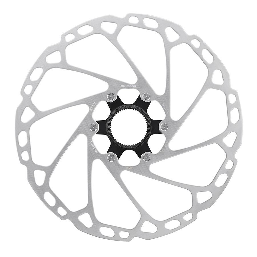 Shimano Deore SM-RT64 203mm center-lock disc rotor for mountain bike brakes, showing the black rotor with detailed braking surface.