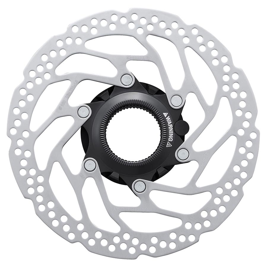 Shimano SM-RTEM300 203mm disc rotor with center-lock for bike braking system, showing the silver rotor with black center lock.