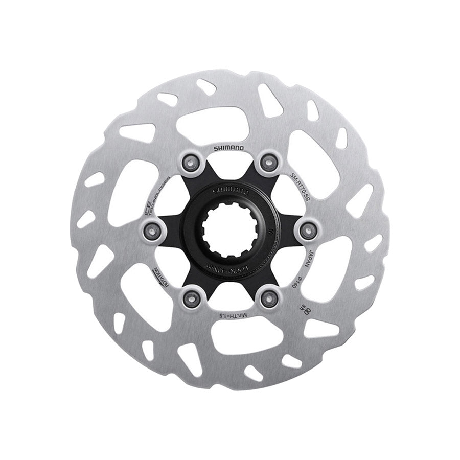 Shimano SM-RT70 203mm center-lock disc brake rotor for mountain bikes, showcasing the silver rotor with mounting holes.