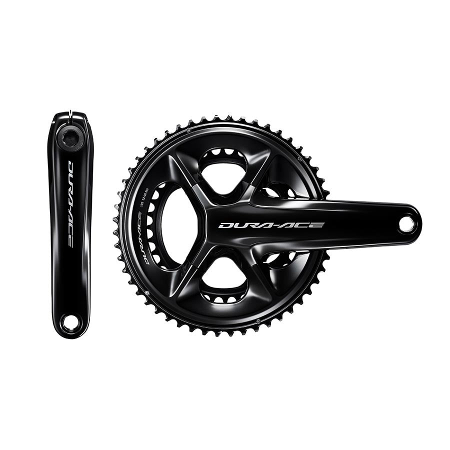Shimano Dura Ace FC-R9200 road and track crankset with 34-50 chainrings, hollowtech II, 165mm black crank arms.