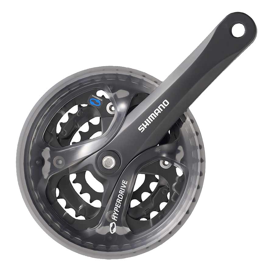 Shimano Acera FC-M361 MTB crankset with 170mm arm, 28-38-48T gears, black finish, 64/104mm BCD, includes chainguard