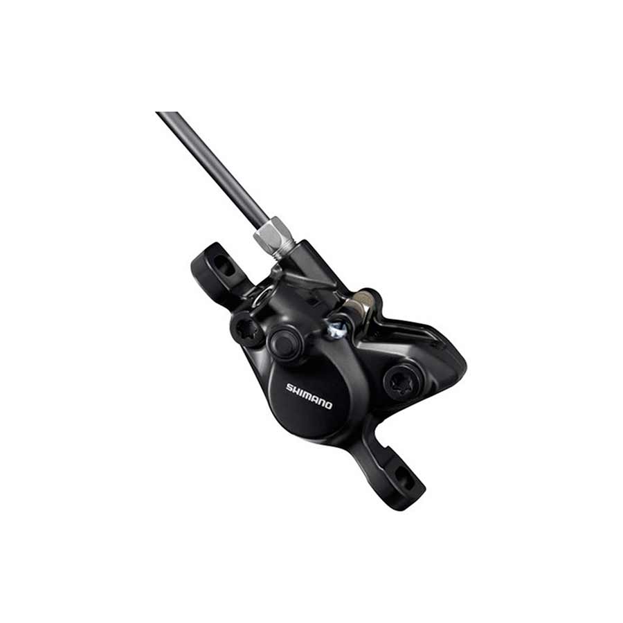 Shimano BL-MT200 and BR-MT200 MTB hydraulic disc brakes front post mount set in black, shown on mountain bike.