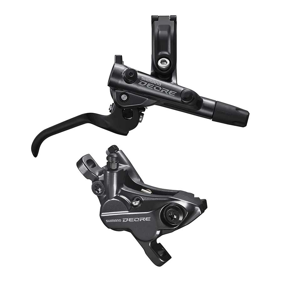 Shimano Deore MTB hydraulic disc brakes BL-M6100 and BR-M6120, front post-mount brake calipers in black, not including discs.