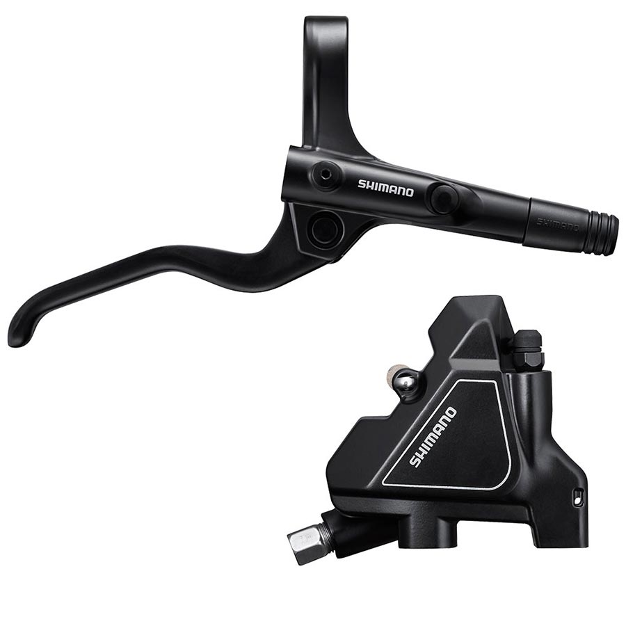 Shimano Alivio BL-M201 hydraulic disc brakes set for MTB with front flat mount, includes calipers and rotors not included, black.