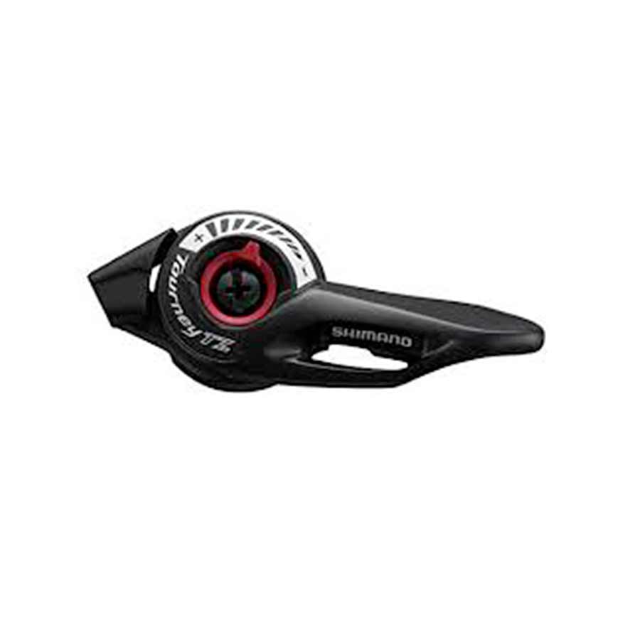 Shimano SL-TZ500 MTB thumb shifters in black, designed for mountain bike gear shifting, showing the shifter levers and branding.