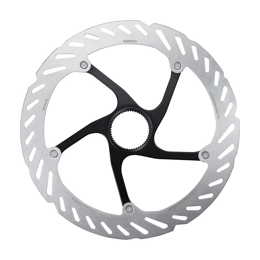 Shimano RT-CL700 203mm disc brake rotor with center-lock for mountain bikes, showing the rotor's detailed surface and mounting hole pattern.